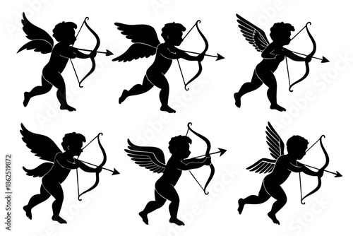 set of Cupid with arrow silhouette vector illustration isolated on white background