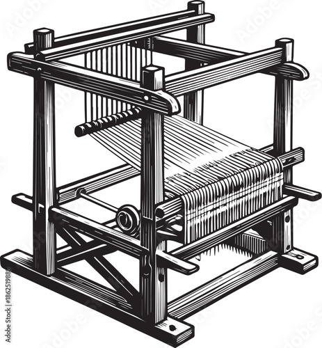 Weaving loom Textile Industry Hand-drawn Sketch Drawing Vector Illustration, Line Linear Symbol Engraving Coloring Book, Black and White Isolated