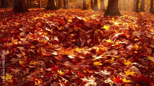 Nature's Seasonal Transition leaf swirl autumn Highlighting the natural cycle and beauty of autumn. Vibrant autumn leaves, primarily in rich reds, oranges, yellows,