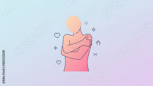Self love and care concept with a person embracing themselves surrounded by hearts