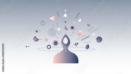 A creative person with a burst of colorful shapes and symbols emanating from their head