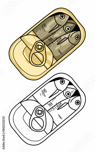Mackerel fish canned fish in a tin illustration. Healthy sea food. Seafood for dinner, lunch
