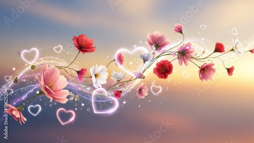 Beautiful pink and red flowers with glowing hearts on a sunset background, romantic
