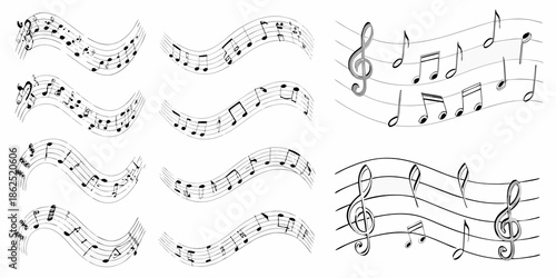 Collection of musical notes and lines arranged in wavy flowing patterns