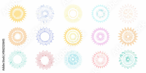 A collection of pastel colored circular starburst and floral design elements