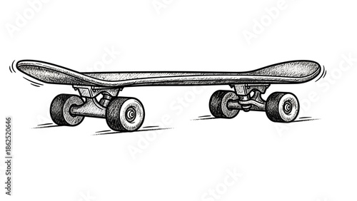 Artistic hand-drawn illustration of a classic skateboard, showcasing detailed crosshatch shading, ideal for retro urban sports and youth lifestyle designs