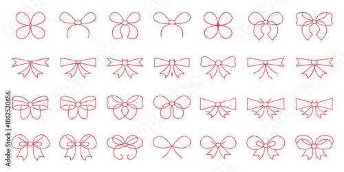 Collection of delicate red bow illustrations arranged in a grid pattern