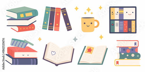 A colorful collection of books a mug and reading accessories illustration