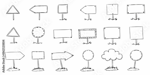 Collection of hand drawn sign and shape illustrations with simple stand bases