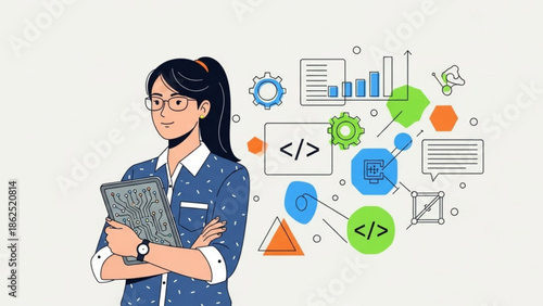 A confident young woman holding a circuit board with coding symbols and technology graphics