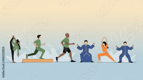 Diverse group of people engaging in various fitness activities and exercises in a serene