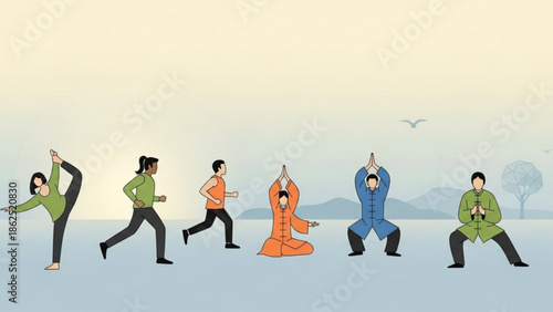 Diverse group of people practicing various yoga poses outdoors at sunrise or sunset