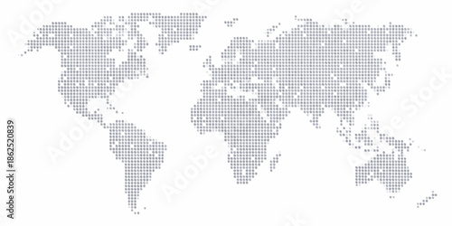 Pixelated world map illustration showing continents and oceans in a dotted style