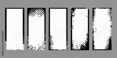 A series of five rectangular frames with varying textures and distressed edges