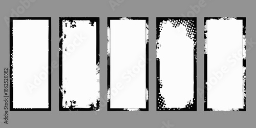 A series of five rectangular frames with increasingly distressed textures