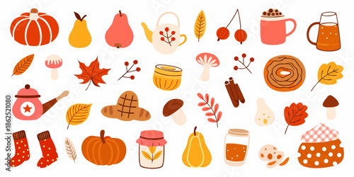 A colorful collection of autumn themed illustrations fruits leaves and cozy items