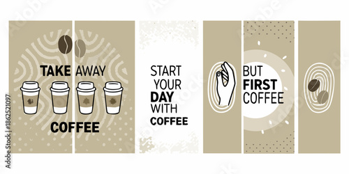 Coffee themed social media posts with motivational quotes and beverage illustrations