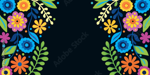 Colorful floral arrangement with various blooms and green leaves on dark background