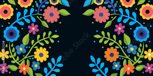 Colorful floral arrangement with vibrant blossoms and green leaves on a dark background