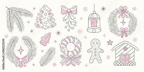 Delicate hand drawn christmas illustrations with festive elements and pink accents