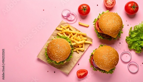 Overhead shot of burgers, fries, tomatoes, onion rings, lettuce, on pink background