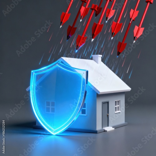 Home protection concept: arrows deflected by a glowing shield, safeguarding a small house