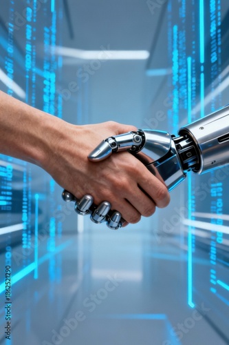 Human and robotic hands shaking, symbolizing future collaboration and technological partnership
