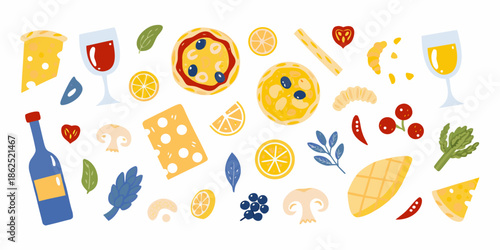 A colorful assortment of food and drink items in a flat design style