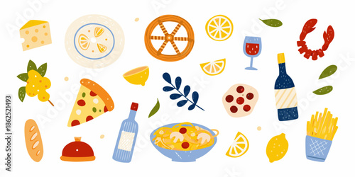 A collection of delicious food and drink illustrations in a playful style