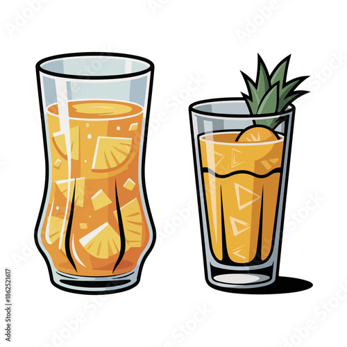 Pineapple juice vector illustration with fresh fruit slices in glass refreshing tropical beverage