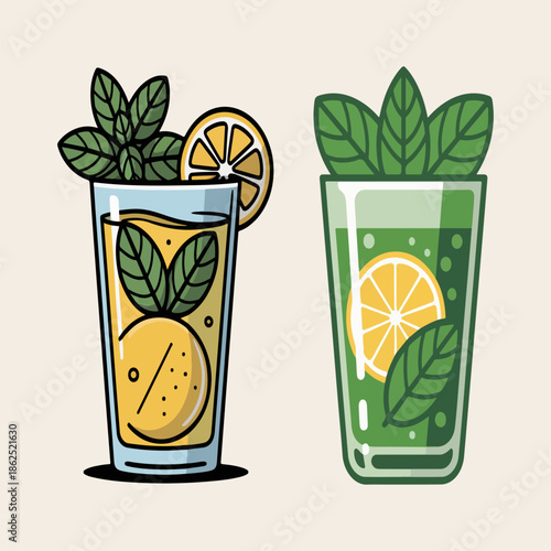 Lemon mint juice vector illustration with fresh citrus slices and mint leaves isolated on cream background