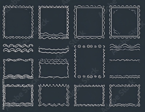 Hand-drawn borders & frames set with wavy, doodle edges on a dark background