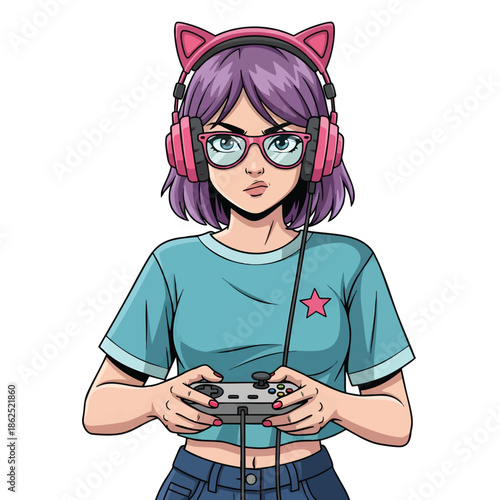 Young Woman Gamer Playing Video Games With Cat Ear Headphones