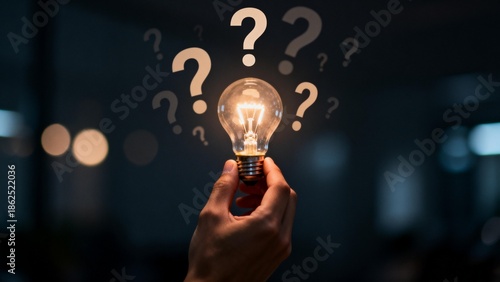 Hand holding lit lightbulb with question marks