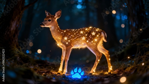 Deer with glowing stars in forest