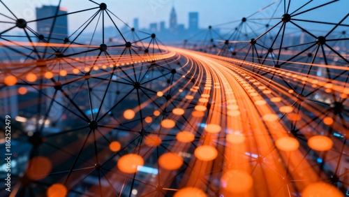 Abstract network over cityscape