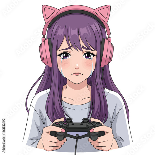 Upset Anime Girl Gamer Losing Video Game Match
