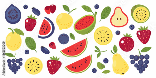 Colorful assortment of fresh fruits including berries citrus and melons