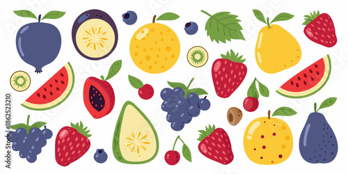 Colorful assortment of various fruits strawberries kiwi watermelon and more