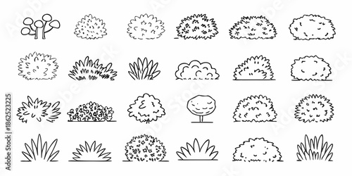 Collection of diverse bush and tree topiary illustrations in black and white