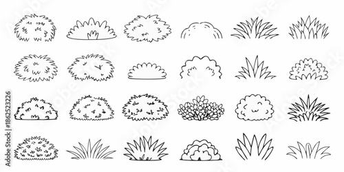 Collection of hand drawn bushes and tree tops in a simple black and white style