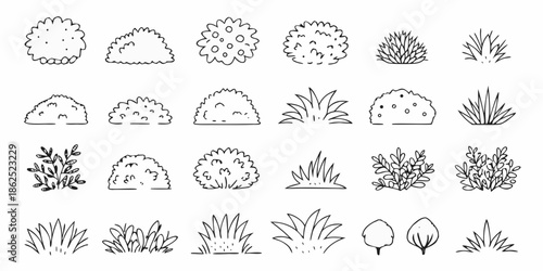 Various top down views of shrubs and grasses in a simple black and white style