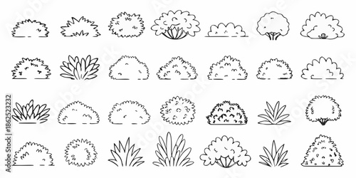A collection of various sketched tree and bush top views in black and white