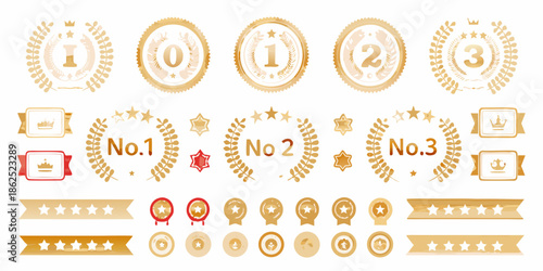 Collection of golden badges ribbons and award elements for ranking and recognition