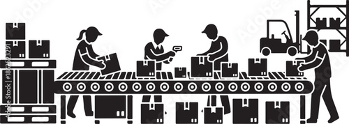 Workers efficiently manage packages on a conveyor belt