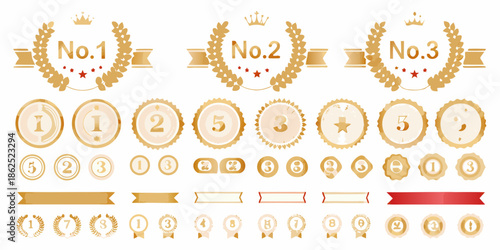 Golden award ribbons badges and laurel wreaths displaying rankings and numbers