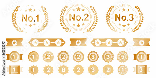 Golden award ribbons badges and laurel wreaths representing top achievements