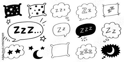 A collection of hand drawn sleep icons pillows zzz s stars and a crescent moon