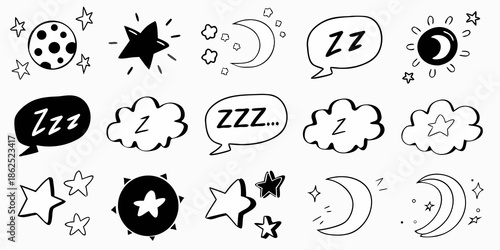Black and white drawing of celestial bodies stars moons and sleep symbols
