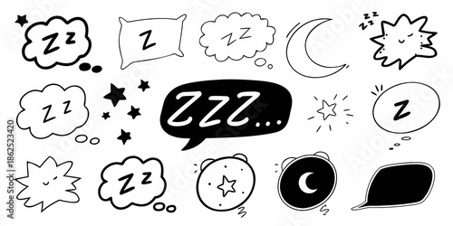 Black and white doodle style illustrations of sleep dreams and rest